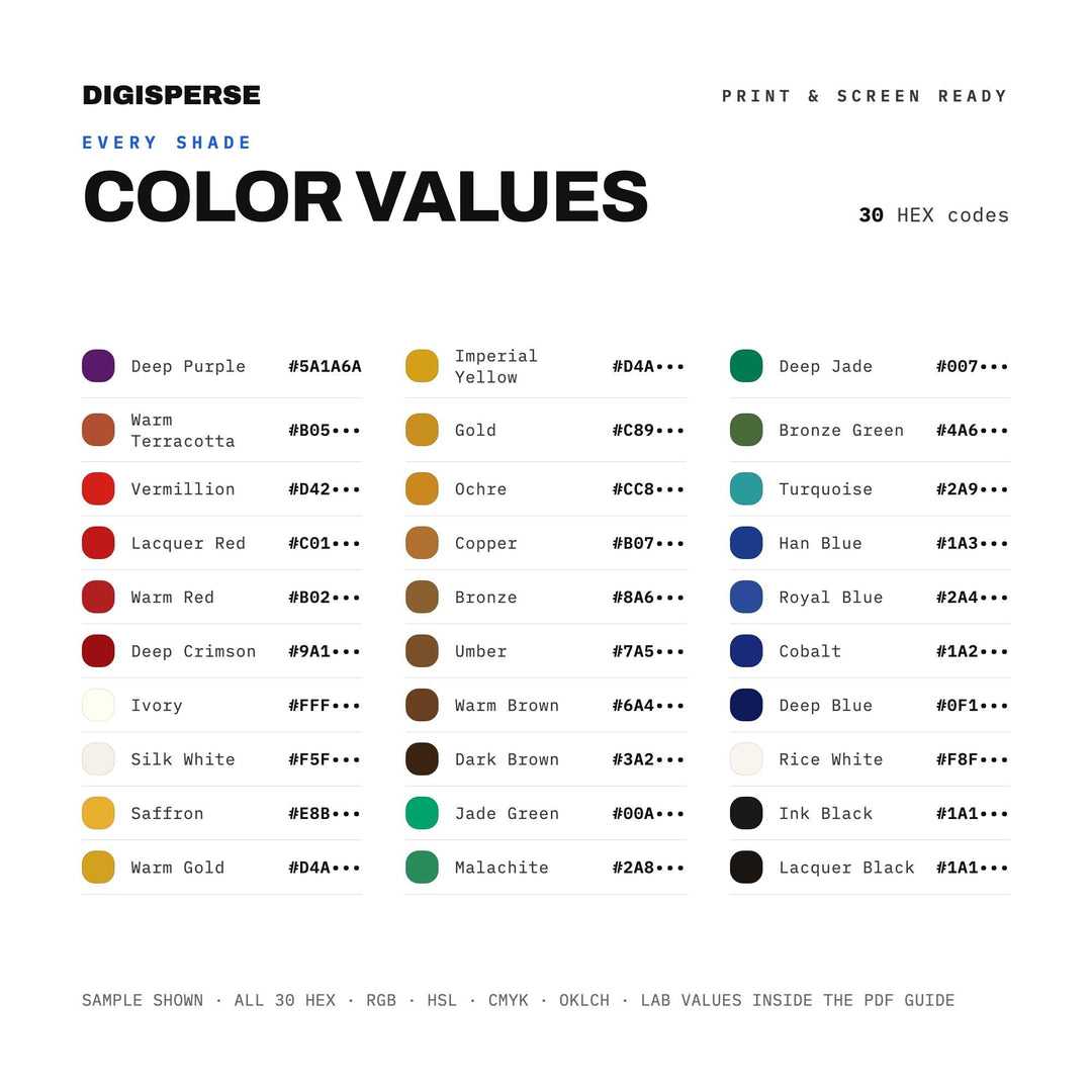 Han Dynasty Color Palette | 30 Colors | Hex RGB CMYK | Color Guide | Procreate Swatches + ASE | Digital Download color