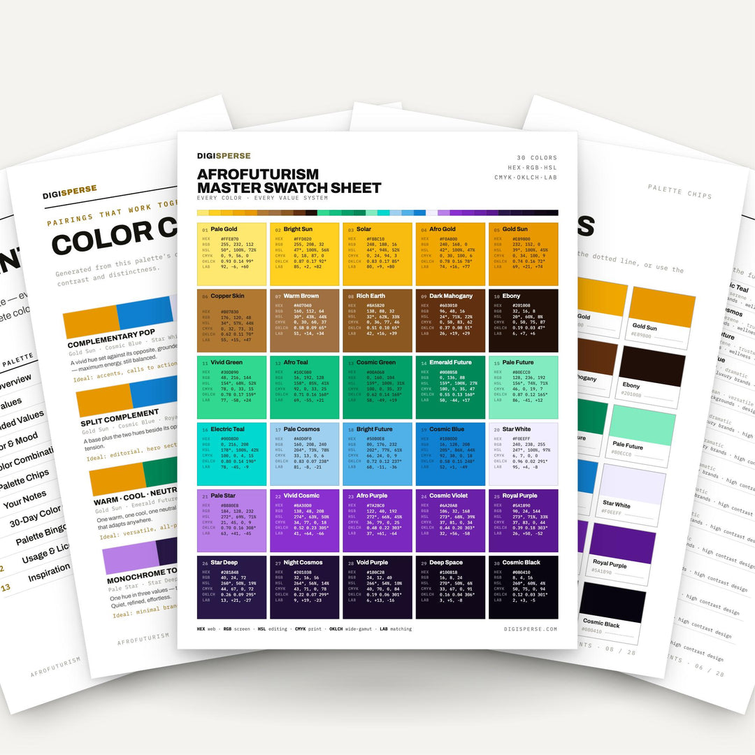 Vibrant Afrofuturism Color Palette for Sci Fi Art and Bold Cultural Branding, 30 Cosmic Heritage Hues, Procreate Swatches