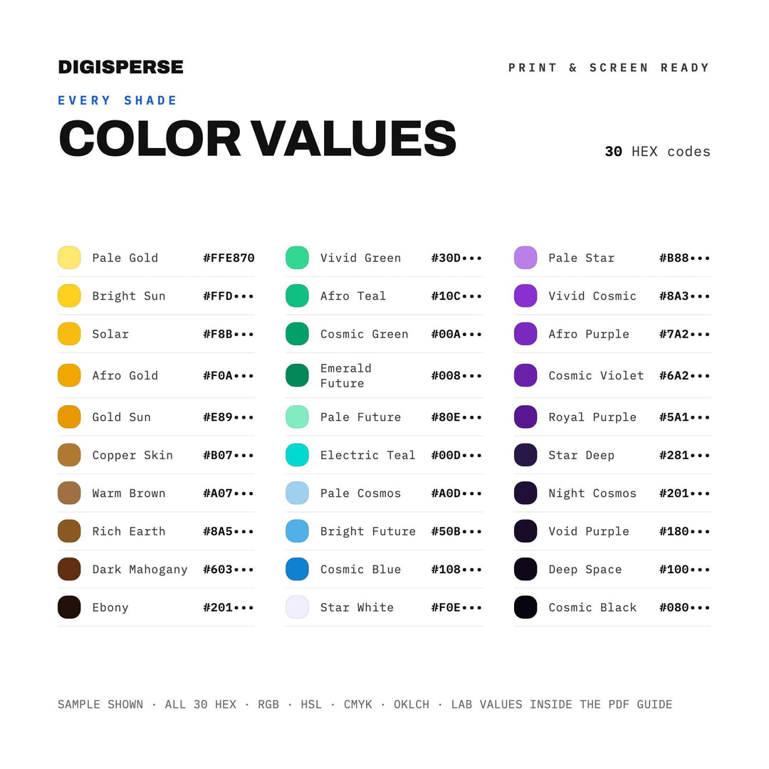 Vibrant Afrofuturism Color Palette for Sci Fi Art and Bold Cultural Branding, 30 Cosmic Heritage Hues, Procreate Swatches