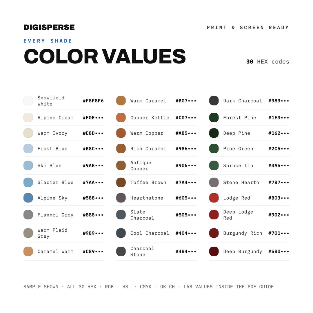Warm Rustic Color Palette for Cozy Winter Cabin Art and Alpine Branding, 30 Fireside Ember Hues, Procreate Swatches color