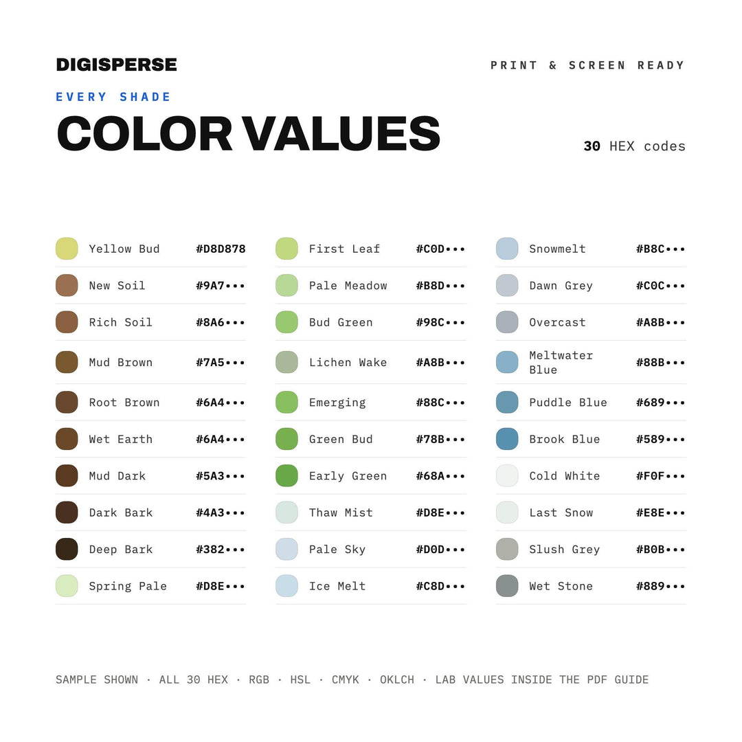 Soft Melt Color Palette for Fresh Spring Art and Seasonal Nature Branding, 30 Early Thaw Pastel Hues, Procreate Swatches