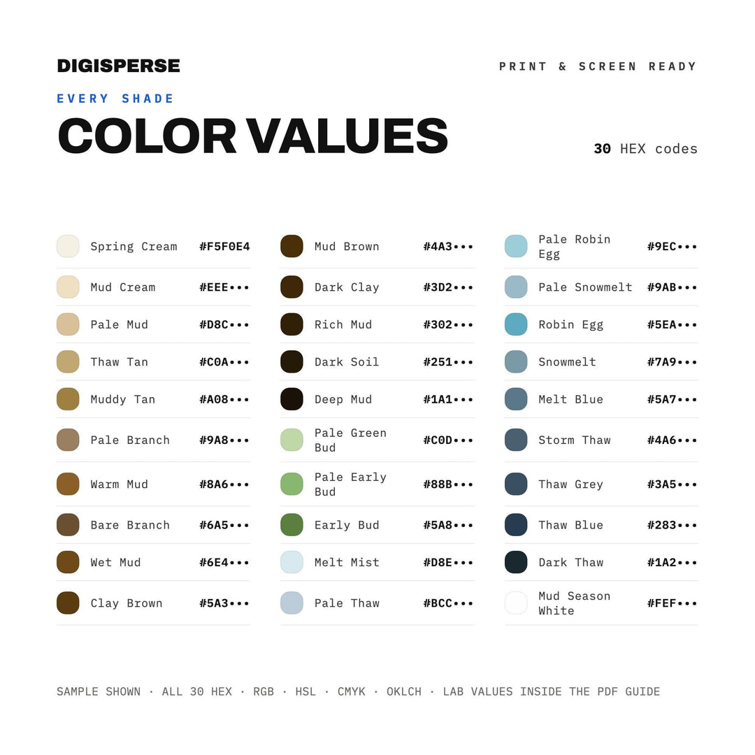 Earthy Muted Color Palette for Rustic Spring Art and Farmhouse Branding, 30 Mud Season Hues, Procreate Swatches color