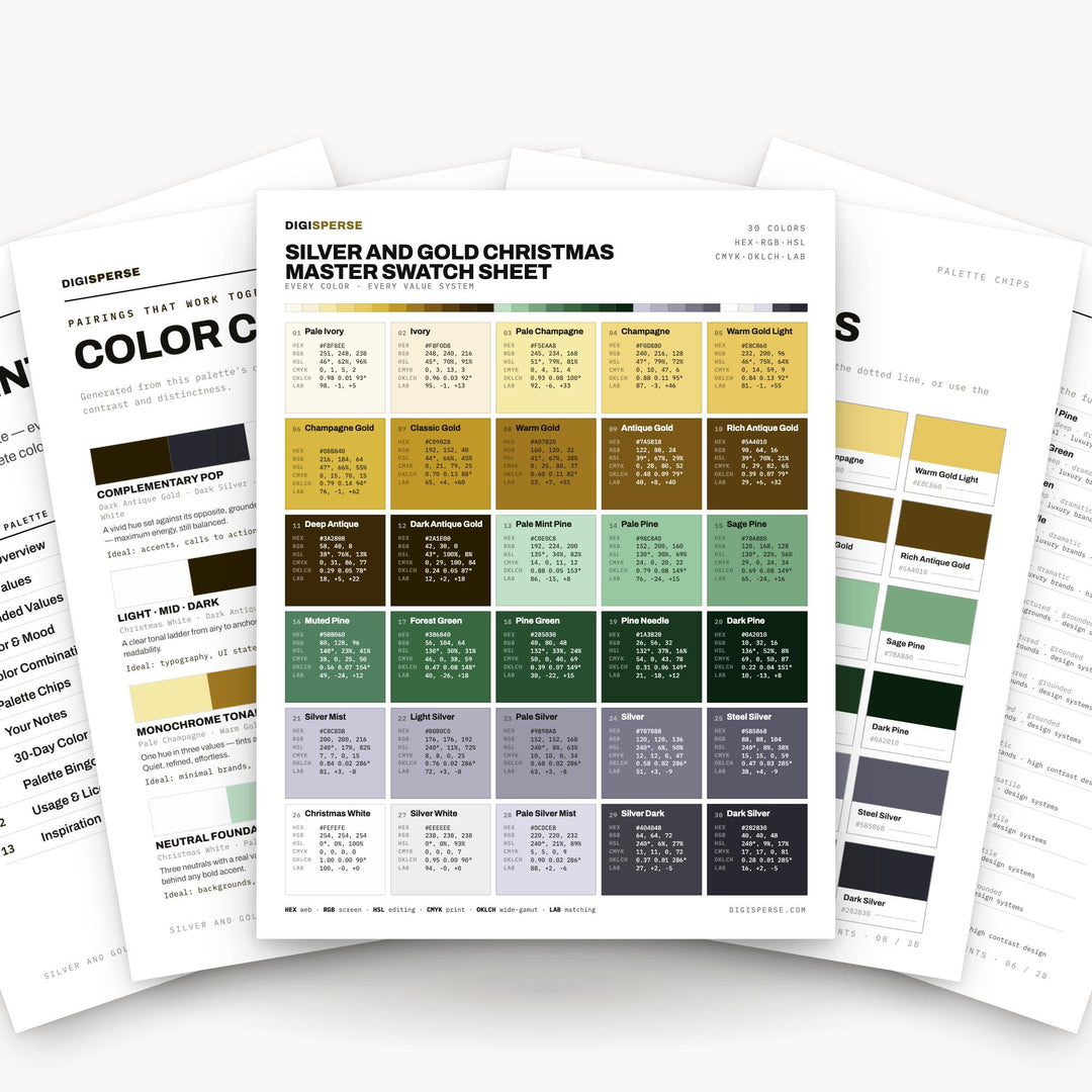 Silver Gold Christmas Color Palette | 30 Procreate Swatches, ASE (Digital Download) color palette — main preview
