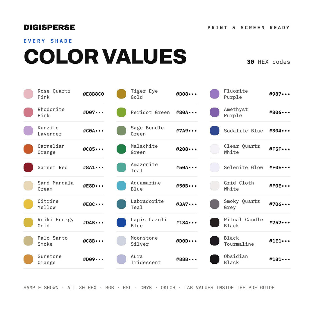 Healing Crystal Grid Color Palette | 30 Procreate Swatches, HEX, RGB, CMYK (Digital Download) color palette — preview image