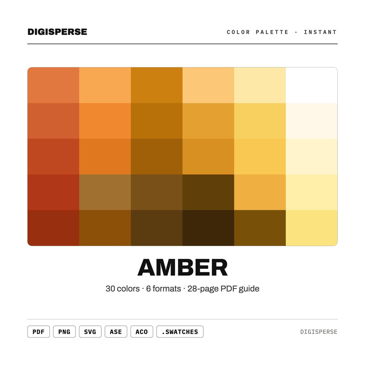 SVG vs PNG vs PDF file format guide for makers — Amber color palette swatch sheet shown in multiple formats