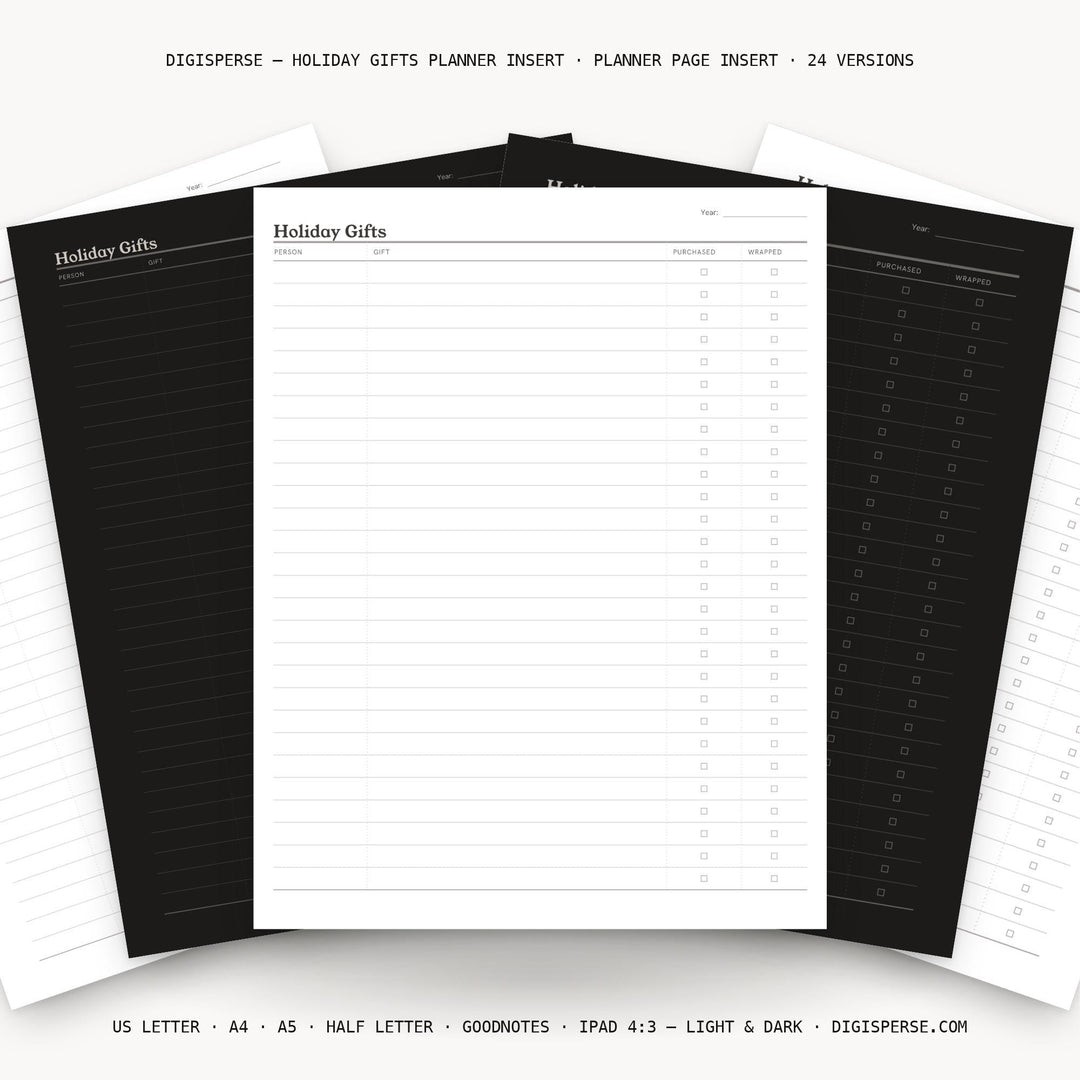 Holiday Gifts planner insert printable — Christmas gift tracker page with columns for recipient, gift idea, budget and bought status