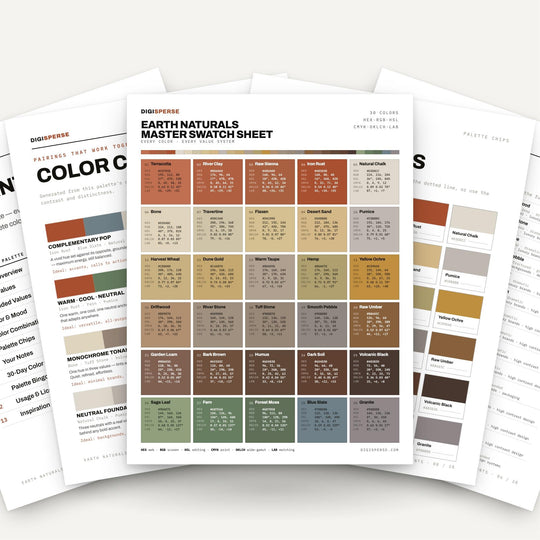 Earth Naturals color palette showing 30 neutral swatches with hex codes, formatted for Procreate import
