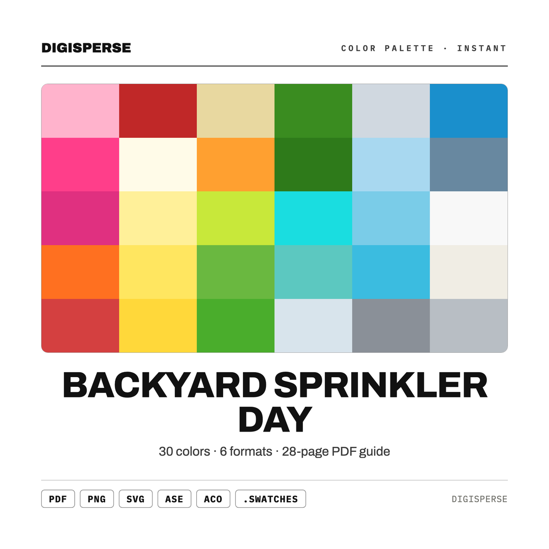 Bright Summer Color Palette for Nostalgic Childhood Art and Playful Branding, 30 Sprinkler Splash Hues, Procreate Swatches, Hex Codes — every swatch at a glance (classic hero)