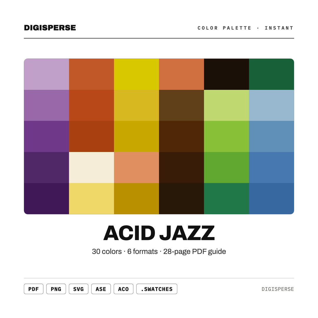 Retro Funk Color Palette for Groovy Poster Art and Music Branding, 30 Vibrant 70s Inspired Hues with Hex Codes, Procreate Swatches — every swatch at a glance (classic hero)
