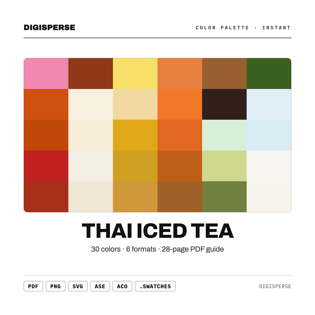 Thai Iced Tea Color Palette | 30 Colors | Hex RGB CMYK | Procreate Swatches + ASE | Digital Download — every swatch at a glance (classic hero)
