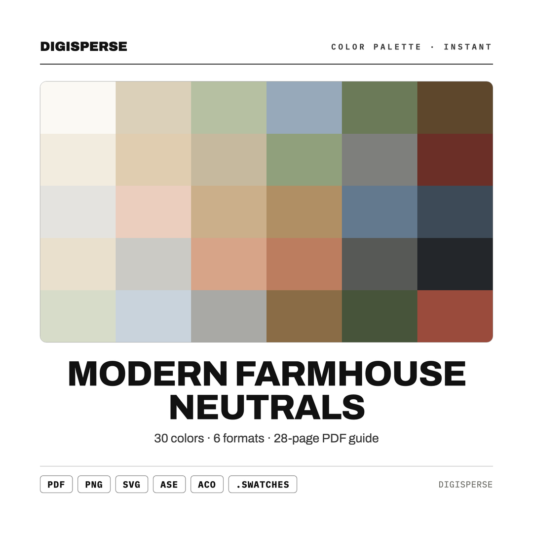 Home Color Palette | 30 Modern Farmhouse Neutrals | Procreate Swatches Hex RGB CMYK | Digital Download — every swatch at a glance (classic hero)