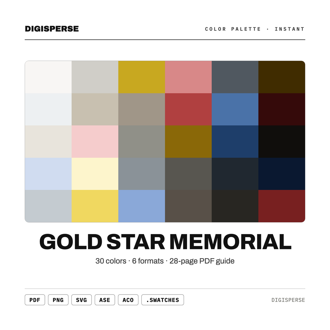 Gold Star Memorial Color Palette | 30 Colors, HEX, RGB, CMYK (Digital Download) — every swatch at a glance (classic hero)
