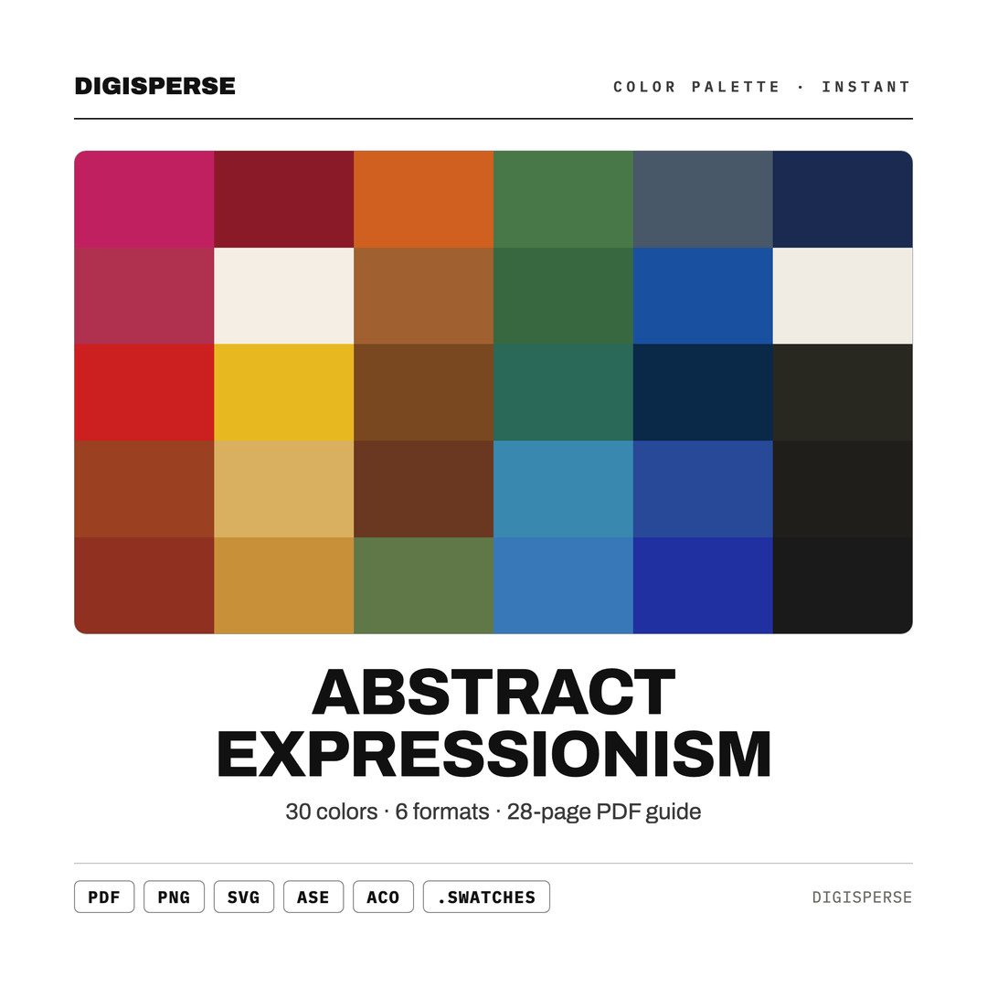 Abstract Expressionism Color Palette | 30 Procreate Swatches, ASE Guide (Digital Download) — every swatch at a glance (classic hero)
