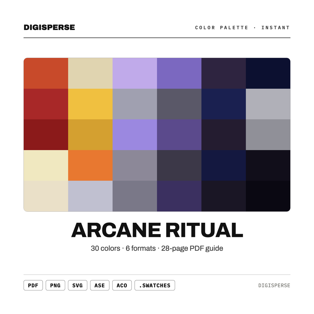 Witchy Purple Gold Color Palette for Gothic Branding and Dark Fantasy Art, 30 Arcane Jewel Tone Hues with Hex Codes, Procreate Swatches — every swatch at a glance (classic hero)