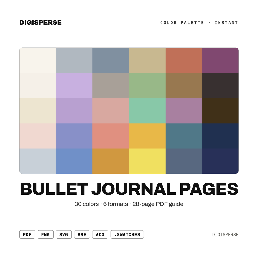 Bullet Journal Pages Color Palette | 30 Colors | Hex RGB CMYK | Procreate Swatches + ASE | Digital Download — every swatch at a glance (classic hero)