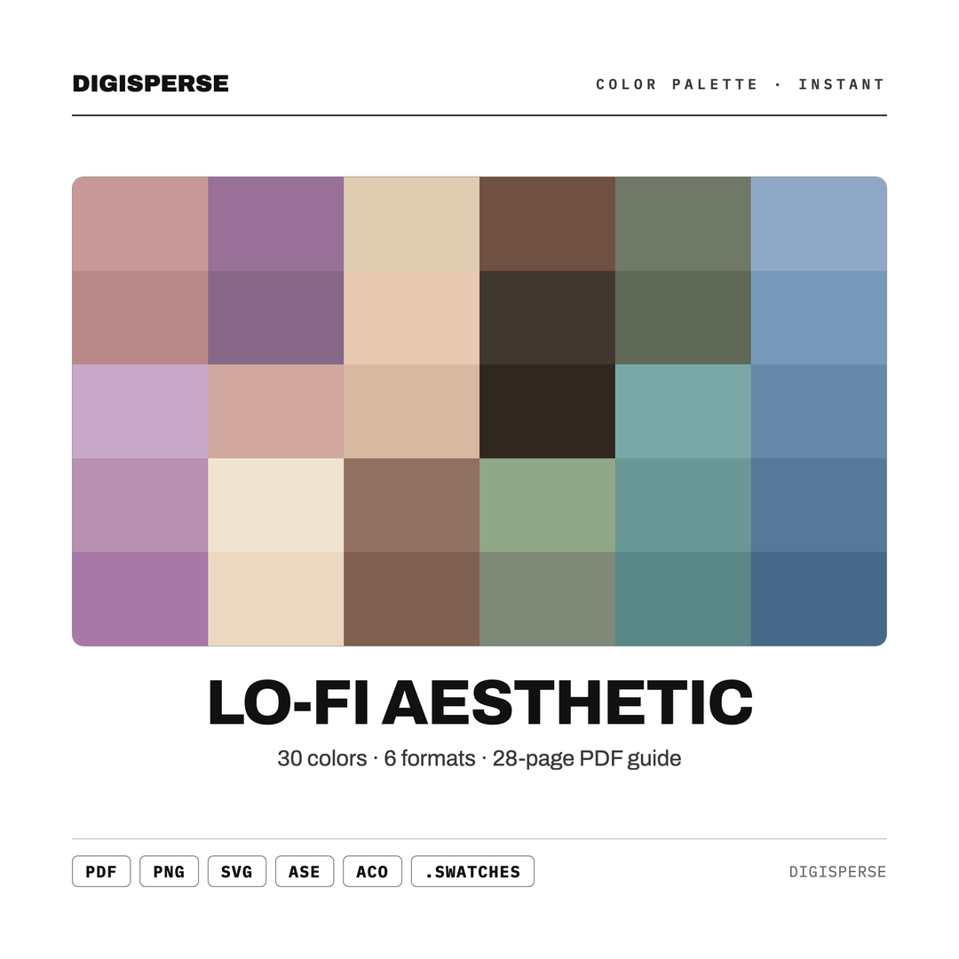 Lo-Fi Aesthetic Color Palette | 30 Colors | Hex RGB CMYK | Color Guide | Procreate Swatches + ASE | Digital Download — every swatch at a glance (classic hero)
