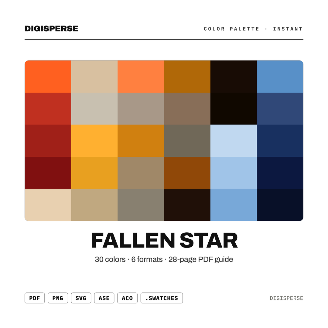 Fallen Star Color Palette | 30 Colors | Hex RGB CMYK | Color Guide | Procreate Swatches + ASE | Digital Download — every swatch at a glance (classic hero)