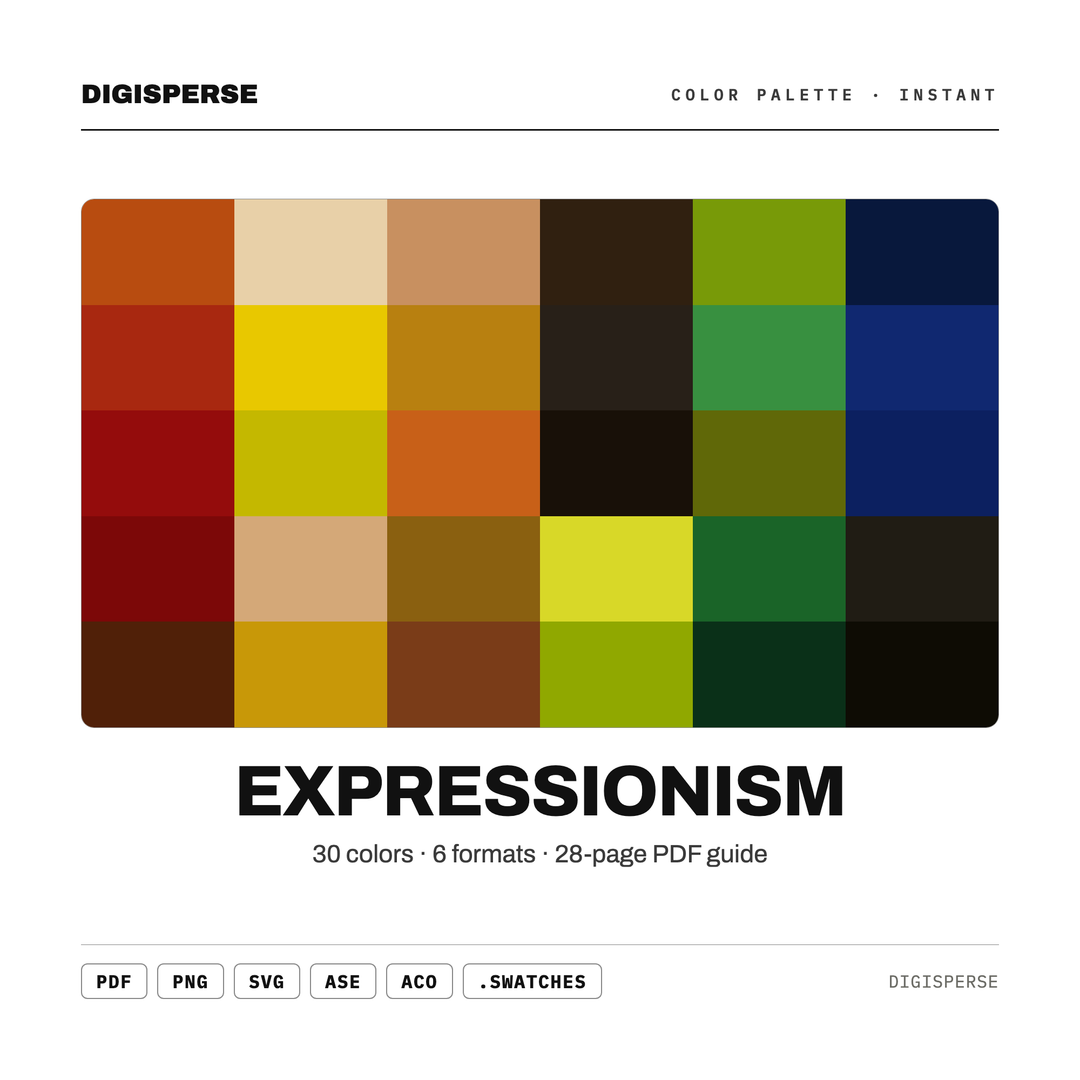 Bold Emotional Color Palette for Expressive Modern Art and Gallery Branding, 30 Expressionist Hues, Procreate Swatches, Hex Codes — every swatch at a glance (classic hero)