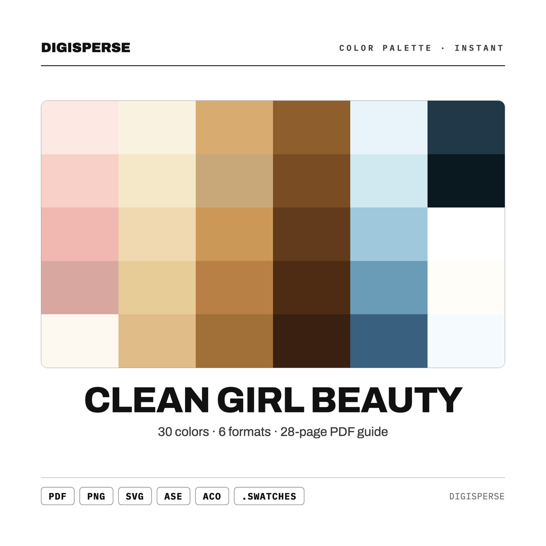 Minimal Neutral Color Palette for Clean Girl Aesthetic Art and Beauty Branding, 30 Soft Glow Hues, Procreate Swatches — every swatch at a glance (classic hero)