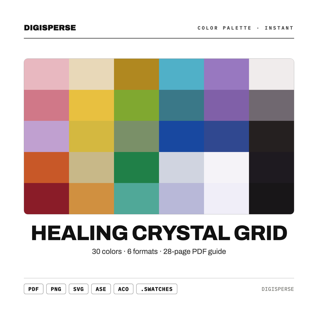 Healing Crystal Grid Color Palette | 30 Procreate Swatches, HEX, RGB, CMYK (Digital Download) — every swatch at a glance (classic hero)