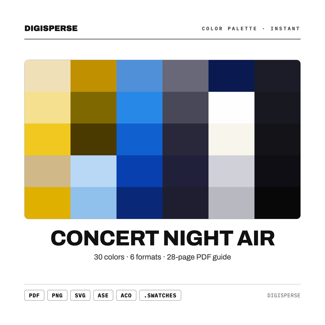 Moody Neon Color Palette for Live Music Art and Night Festival Branding, 30 Concert Glow Hues, Procreate Swatches — every swatch at a glance (classic hero)