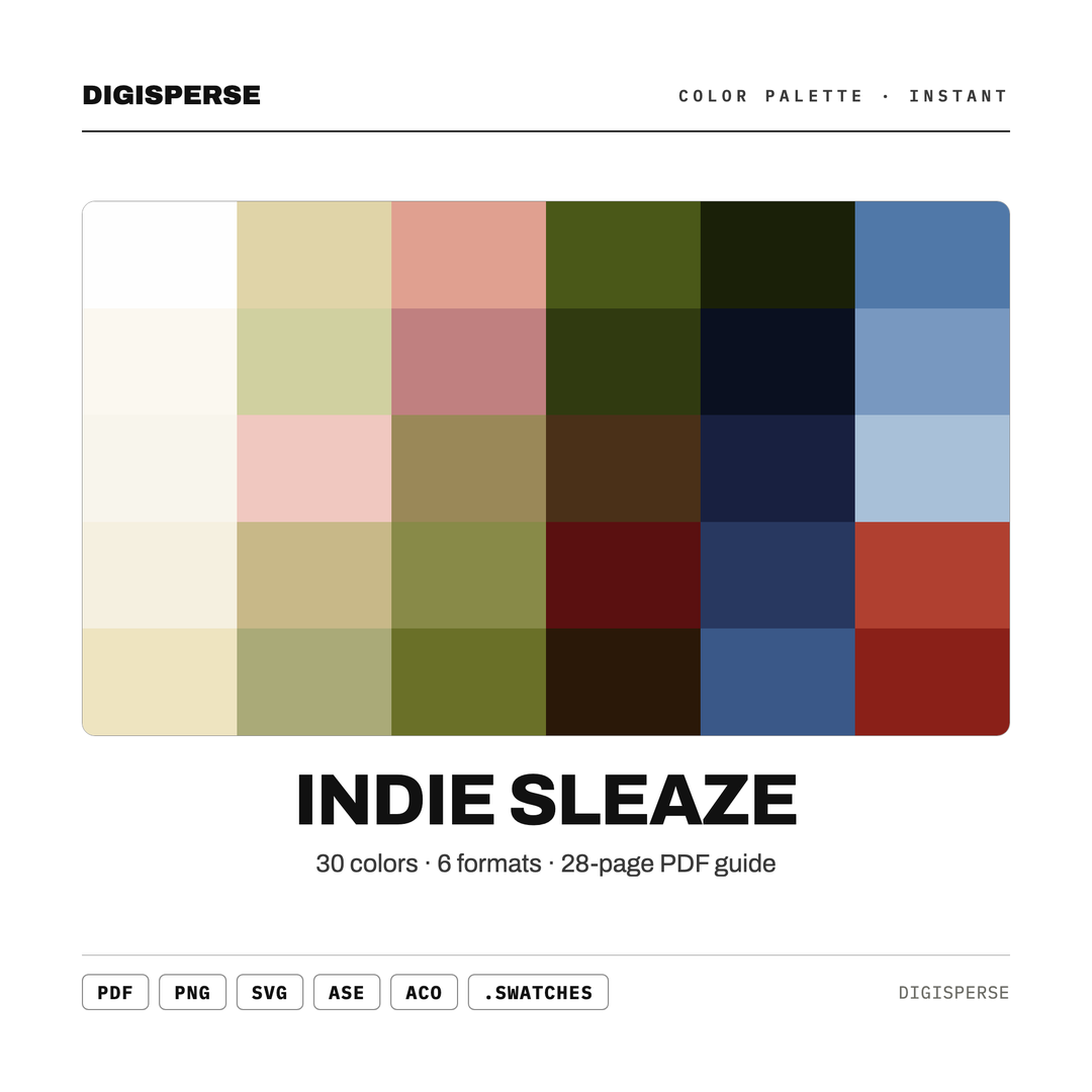 Gritty Flash Color Palette for 2000s Party Art and Grunge Aesthetic Branding, 30 Indie Sleaze Hues, Procreate Swatches — every swatch at a glance (classic hero)
