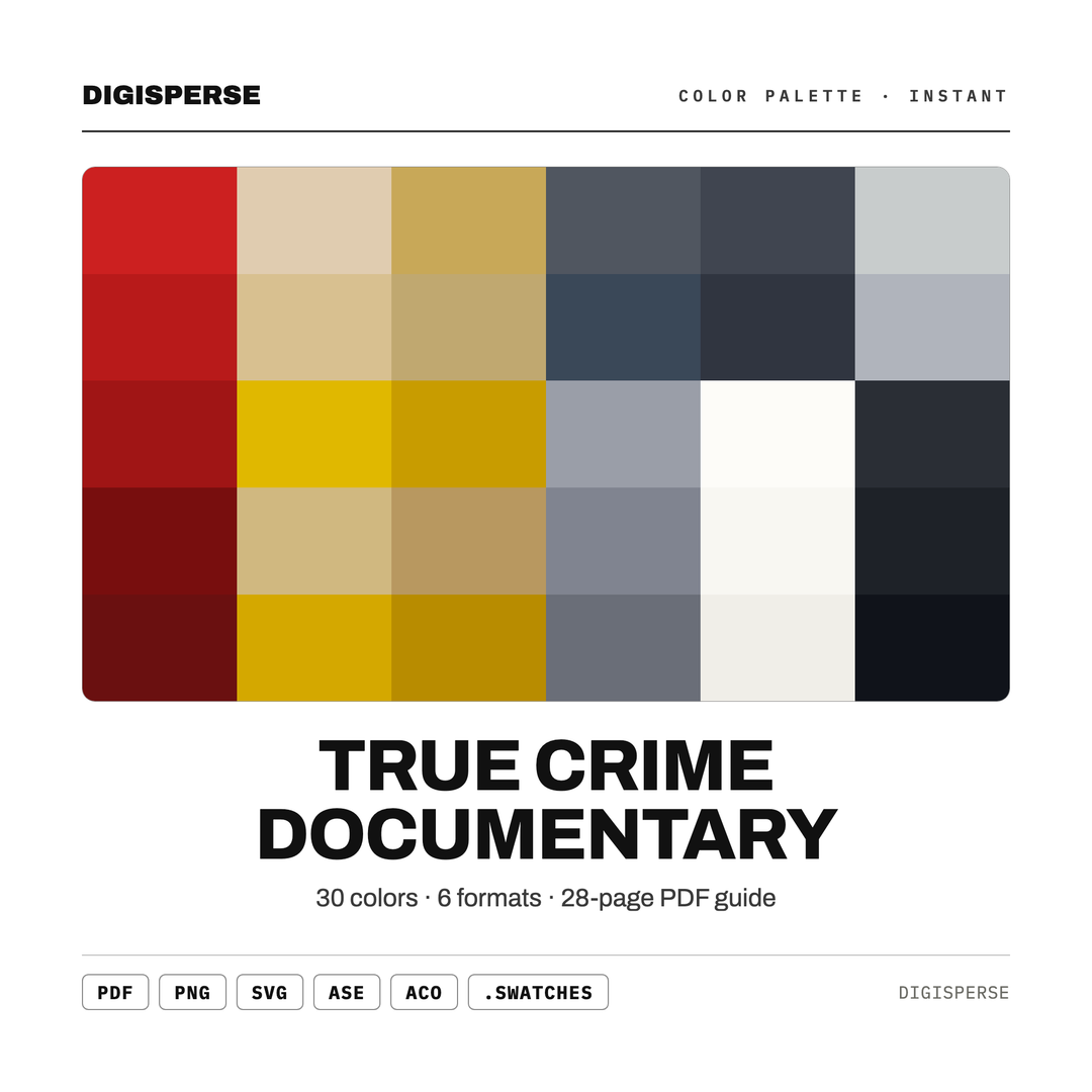 Dark Moody Color Palette for Noir Podcast Art and Mystery Branding, 30 Investigation Case Hues, Procreate Swatches, Hex Codes — every swatch at a glance (classic hero)