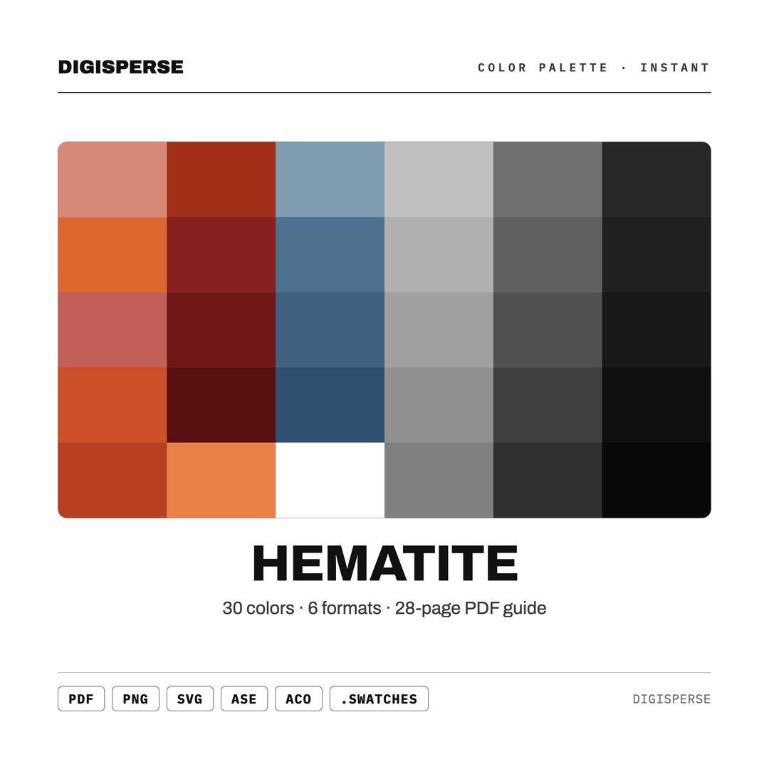 Metallic Grey Color Palette for Industrial Mineral Art and Sleek Branding, 30 Hematite Iron Hues, Procreate Swatches, Hex Codes — every swatch at a glance (classic hero)