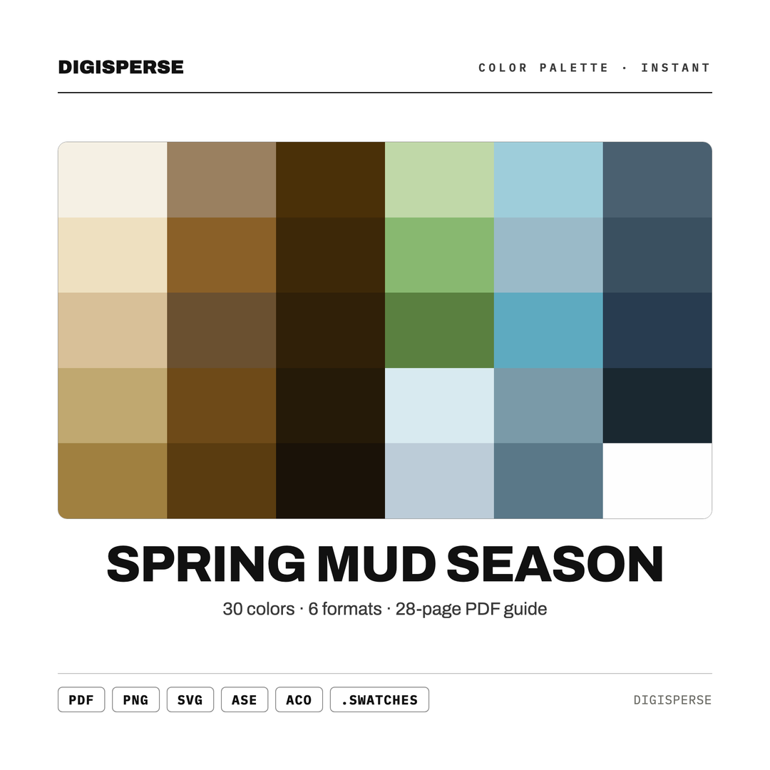 Earthy Muted Color Palette for Rustic Spring Art and Farmhouse Branding, 30 Mud Season Hues, Procreate Swatches — every swatch at a glance (classic hero)