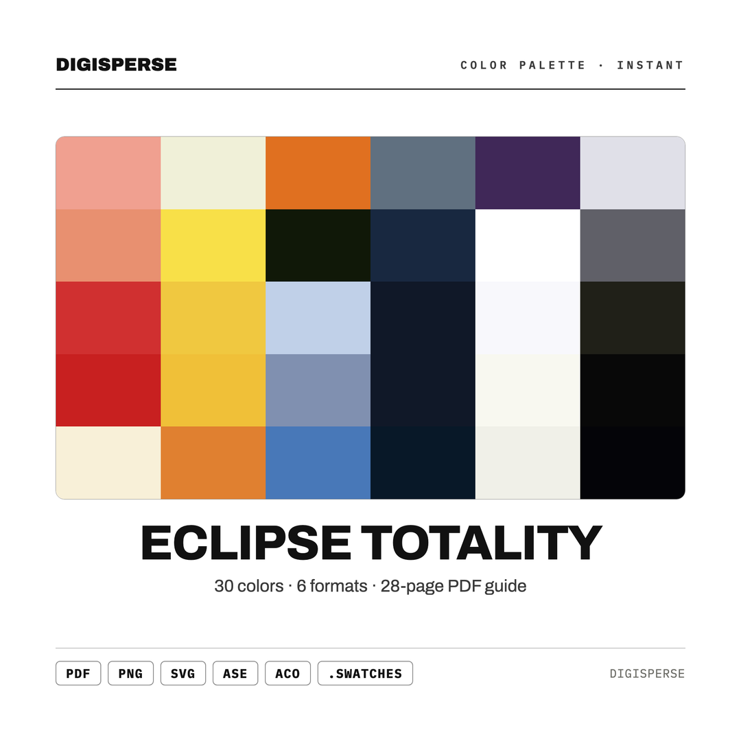 Eclipse Totality Color Palette | 30 Colors | Hex RGB CMYK | Procreate Swatches + ASE | Digital Download — every swatch at a glance (classic hero)