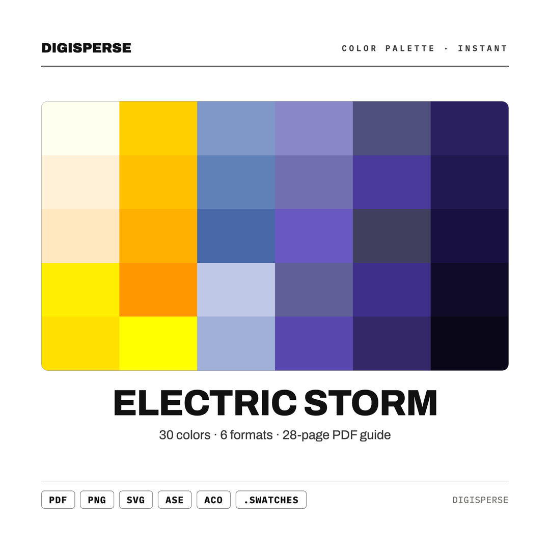 Electric Storm Color Palette | 30 Procreate Swatches, ASE Guide (Digital Download) — every swatch at a glance (classic hero)