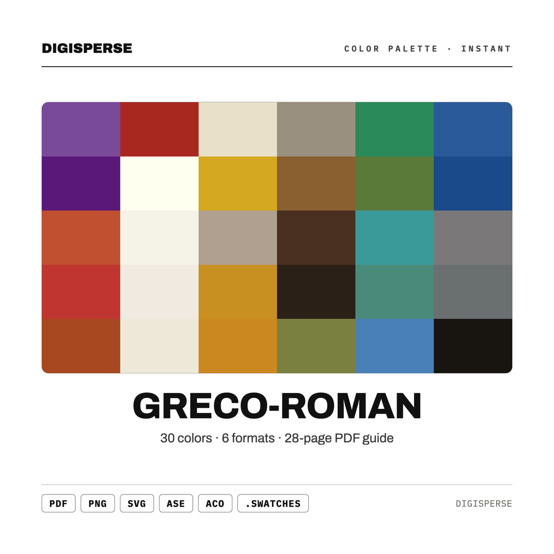 Greco-Roman Color Palette | 30 Colors, Hex, RGB, CMYK (Digital Download) — every swatch at a glance (classic hero)