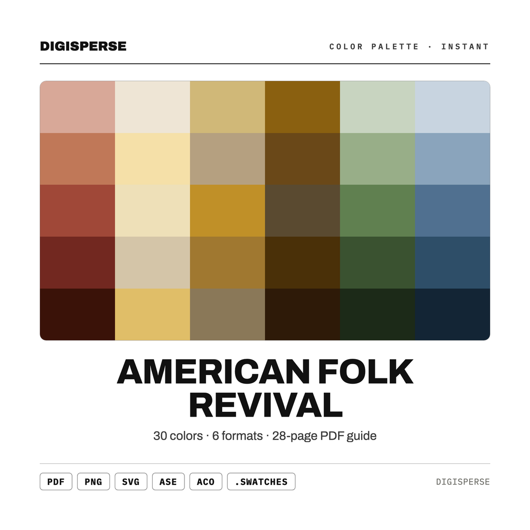 American Folk Revival Color Palette | 30 Warm Rustic Tones (Digital Download) — every swatch at a glance (classic hero)