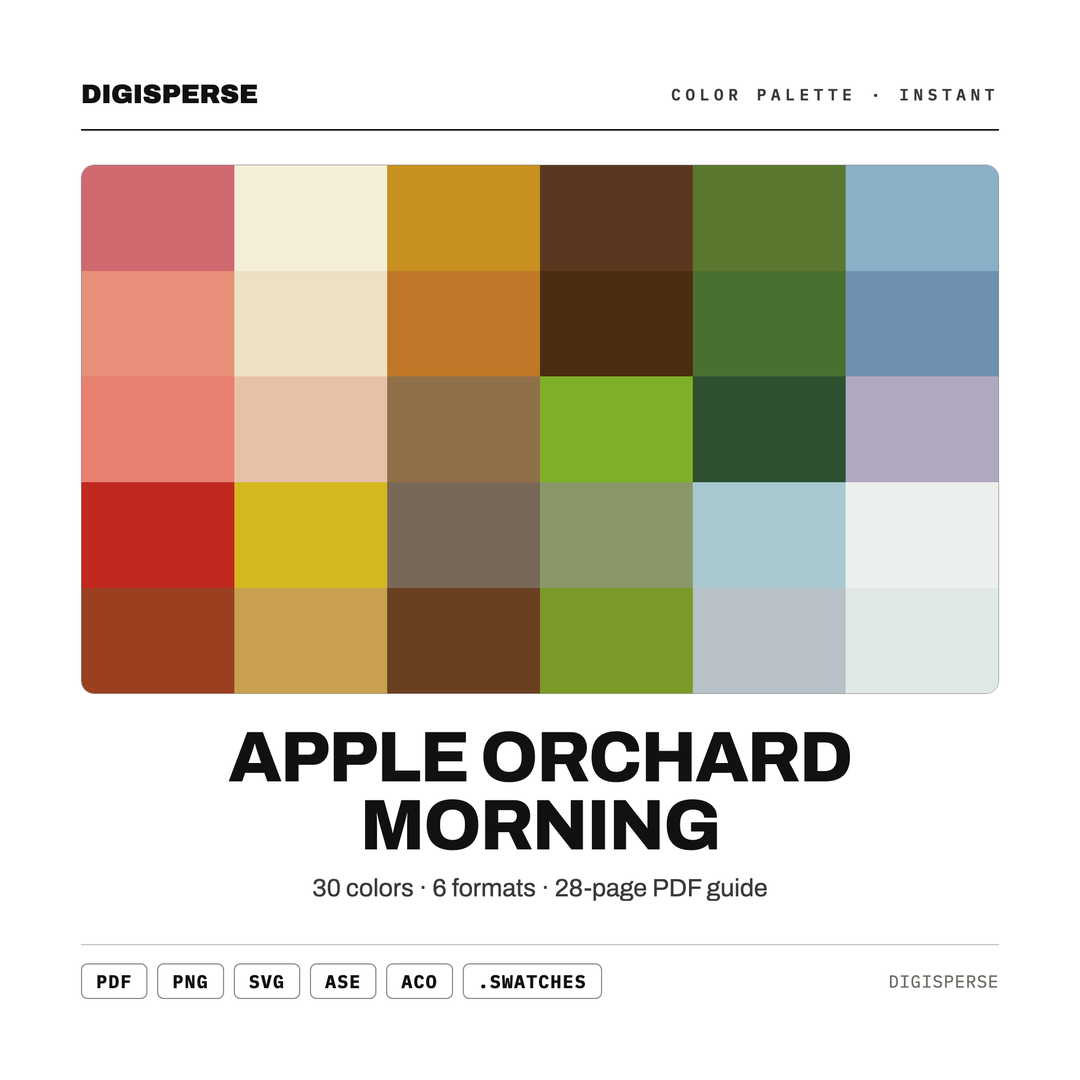 Apple Orchard Morning Color Palette | 30 Colors | Hex RGB CMYK | Procreate Swatches + ASE | Digital Download — every swatch at a glance (classic hero)
