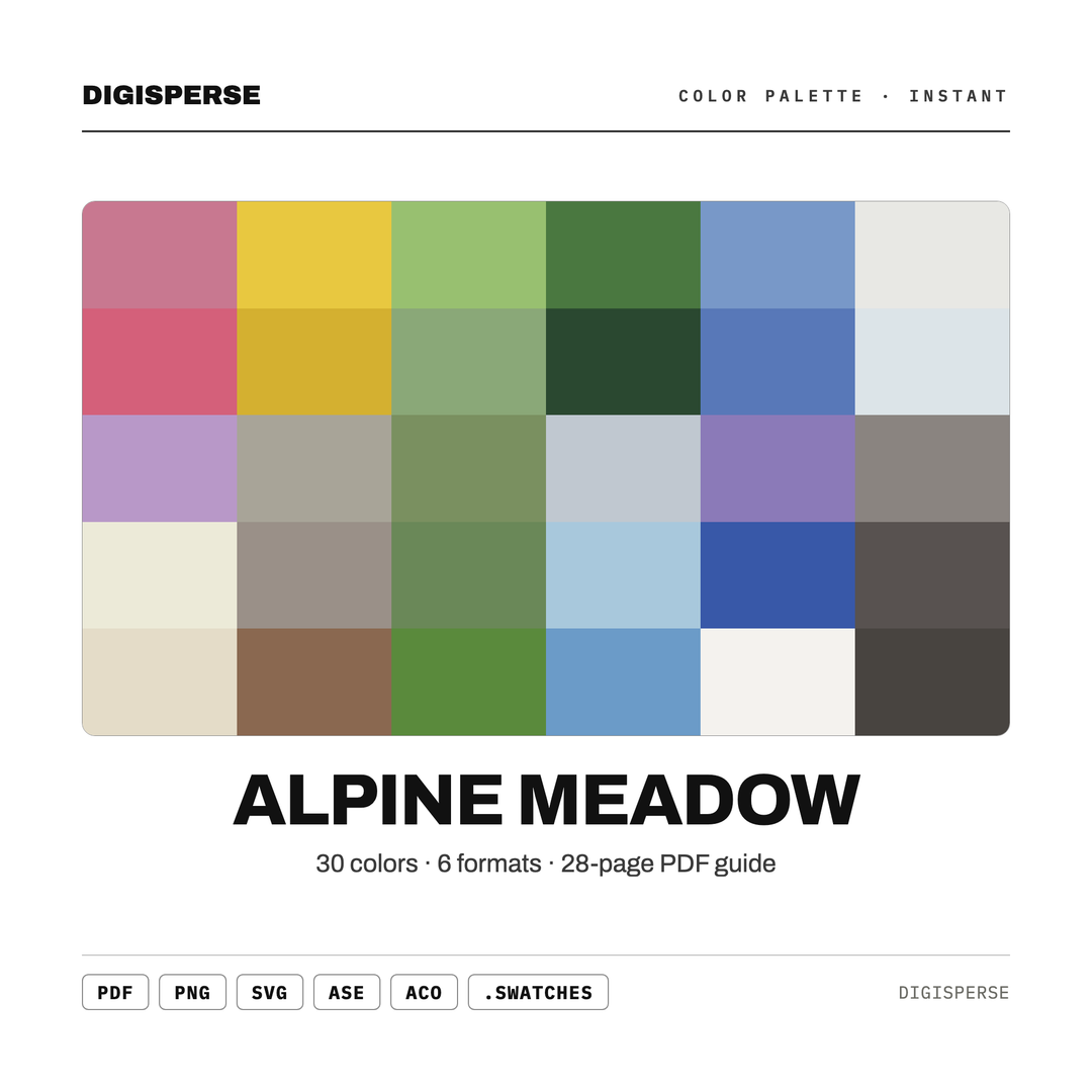 Fresh Wildflower Color Palette for Mountain Nature Art and Spring Branding, 30 Alpine Meadow Green Hues, Procreate Swatches, Hex Codes — every swatch at a glance (classic hero)