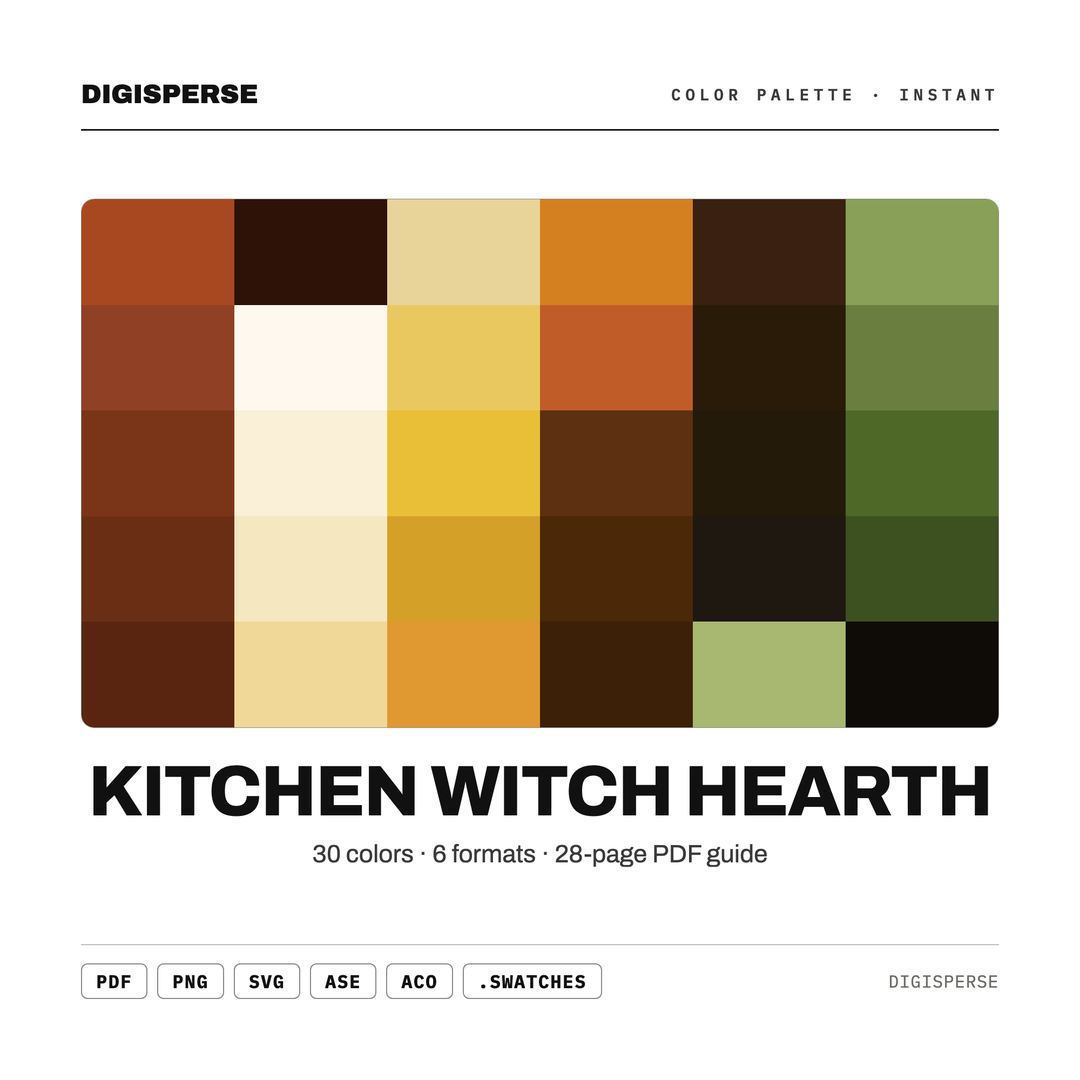 Procreate Color Palette | Kitchen Witch Hearth 30 Warm Spiced Colors with Hex RGB CMYK — every swatch at a glance (classic hero)