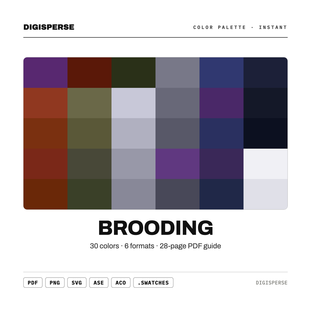 Dark Moody Color Palette for Atmospheric Portrait Art and Dramatic Branding, 30 Brooding Shadow Hues, Procreate Swatches, Hex Codes — every swatch at a glance (classic hero)