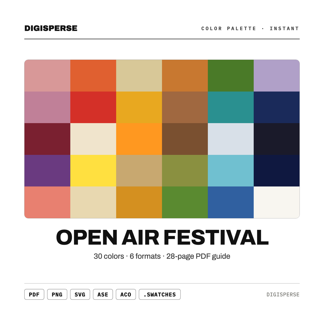 Vibrant Summer Color Palette for Music Festival Art and Boho Branding, 30 Open Air Sunset Hues, Procreate Swatches, Hex Codes — every swatch at a glance (classic hero)