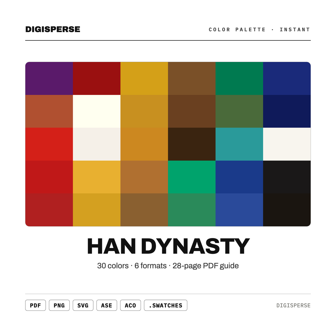 Han Dynasty Color Palette | 30 Colors | Hex RGB CMYK | Color Guide | Procreate Swatches + ASE | Digital Download — every swatch at a glance (classic hero)