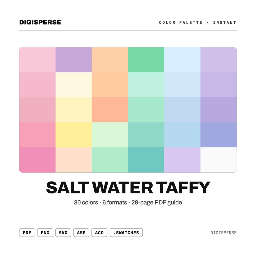 Sweet Pastel Color Palette for Beach Candy Art and Retro Seaside Branding, 30 Taffy Pink Hues, Procreate Swatches — every swatch at a glance (classic hero)