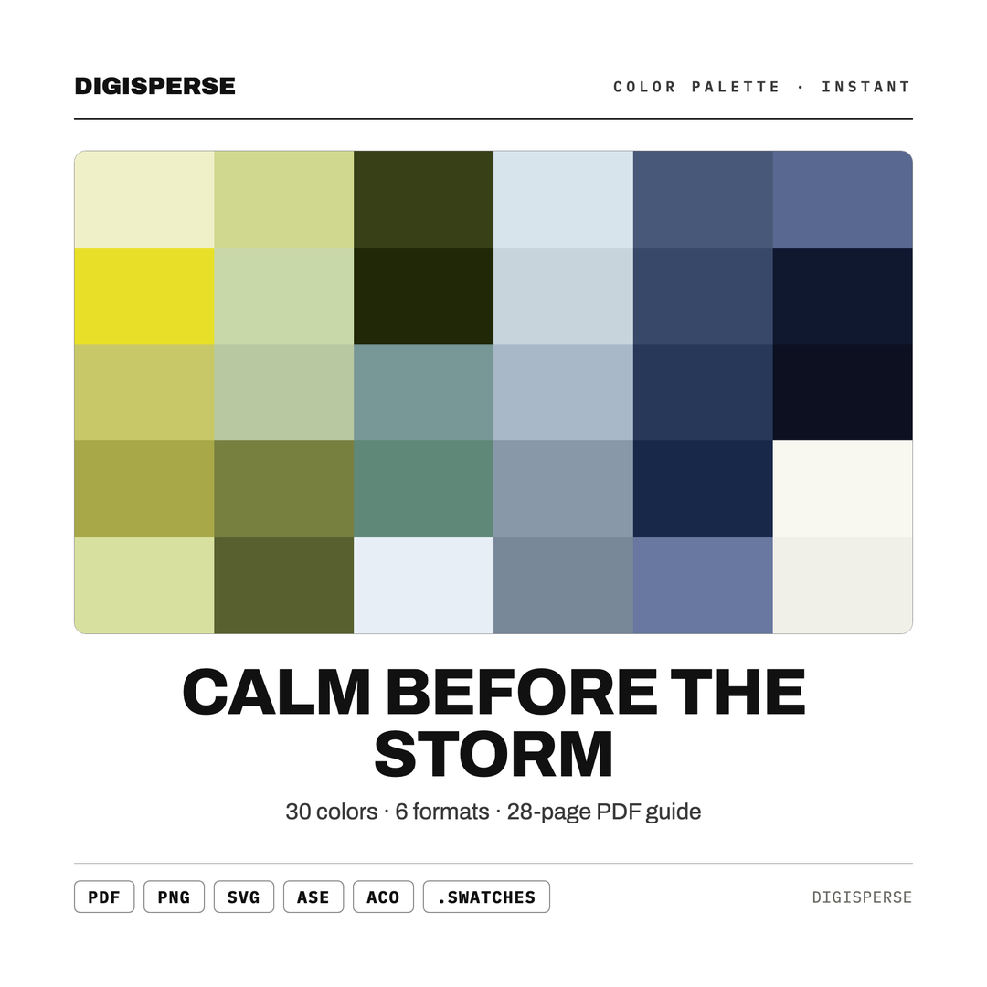 Moody Grey Color Palette for Dramatic Sky Art and Atmospheric Branding, 30 Calm Before Storm Hues, Procreate Swatches, Hex Codes — every swatch at a glance (classic hero)