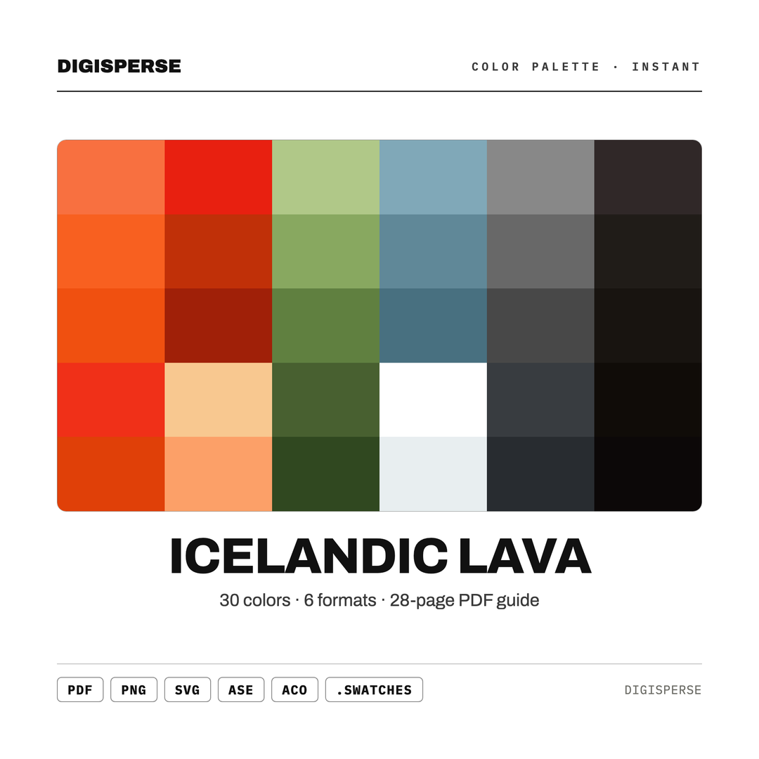 Icelandic Lava Color Palette | 30 Procreate Swatches, ASE, PDF Guide (Digital Download) — every swatch at a glance (classic hero)