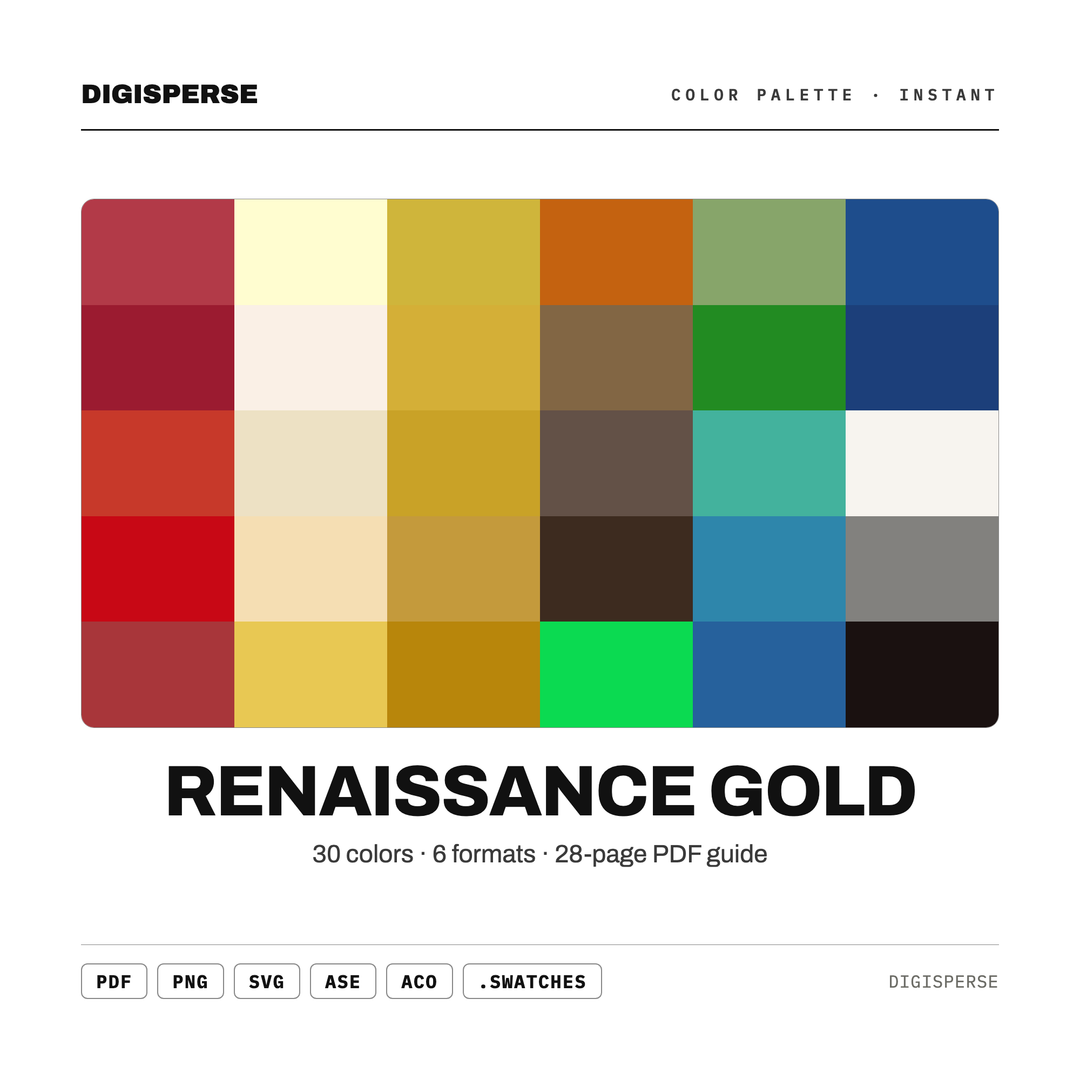 Renaissance Gold Color Palette | 30 Procreate Swatches, HEX, RGB, CMYK (Digital Download) — every swatch at a glance (classic hero)