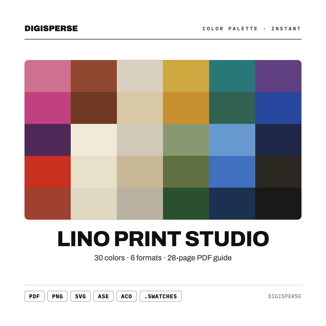 Bold Ink Color Palette for Linocut Block Print Art and Craft Studio Branding, 30 Hand Carved Hues, Procreate Swatches — every swatch at a glance (classic hero)