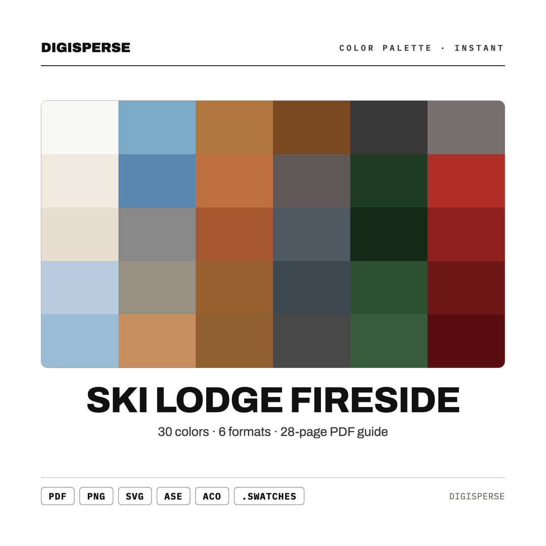 Warm Rustic Color Palette for Cozy Winter Cabin Art and Alpine Branding, 30 Fireside Ember Hues, Procreate Swatches — every swatch at a glance (classic hero)