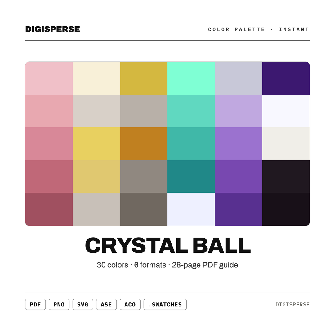 Crystal Ball Color Palette | 30 Mystical Colors, Hex RGB CMYK (Digital Download) — every swatch at a glance (classic hero)