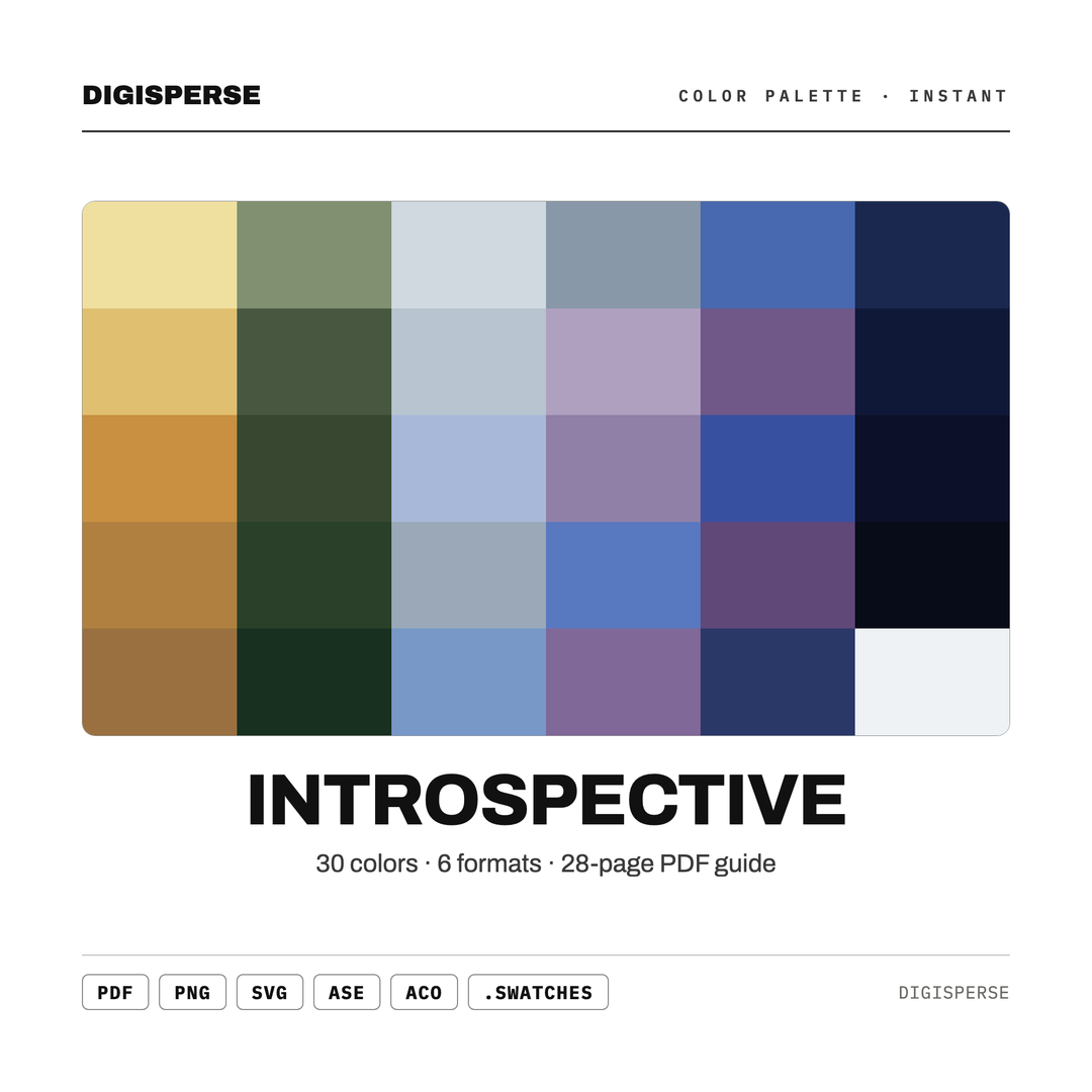 Muted Contemplative Color Palette for Mindful Journal Art and Calm Branding, 30 Introspective Hues, Procreate Swatches, Hex Codes — every swatch at a glance (classic hero)