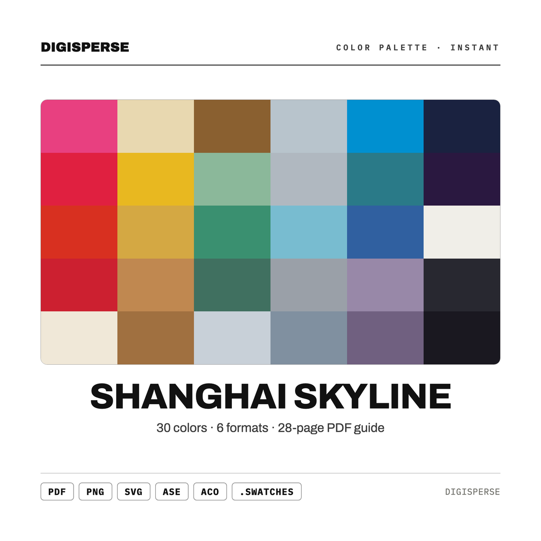 Shanghai Skyline Color Palette | 30 Colors | Hex RGB CMYK | Color Guide | Procreate Swatches + ASE | Digital Download — every swatch at a glance (classic hero)