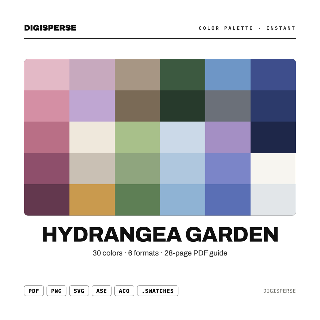Blue Color Palette | 30 Hydrangea Garden Bloom Shades | Procreate Swatches Hex RGB CMYK — every swatch at a glance (classic hero)