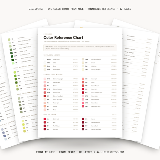 DMC Farbkarte zum Ausdrucken | 489 Stickgarnfarben mit Hex-Codes | Kreuzstich-Farbübersicht | Sofortiger digitaler Download im PDF-Format